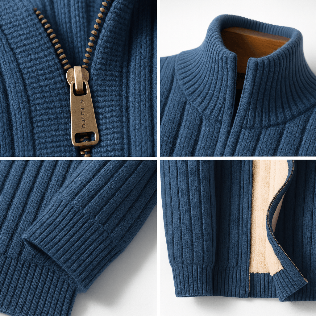 Men's Ribbed Knit Full-Zip Cardigan Sweater with Stand Collar