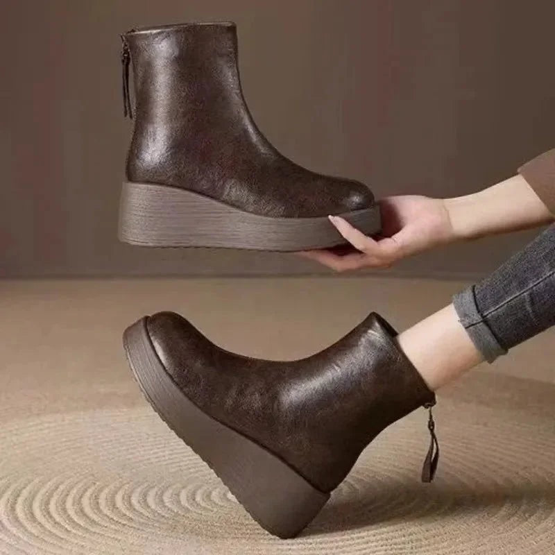 Women's Heeled Leather Platform Ankle Boots with Retro Round Toe and Back Zip