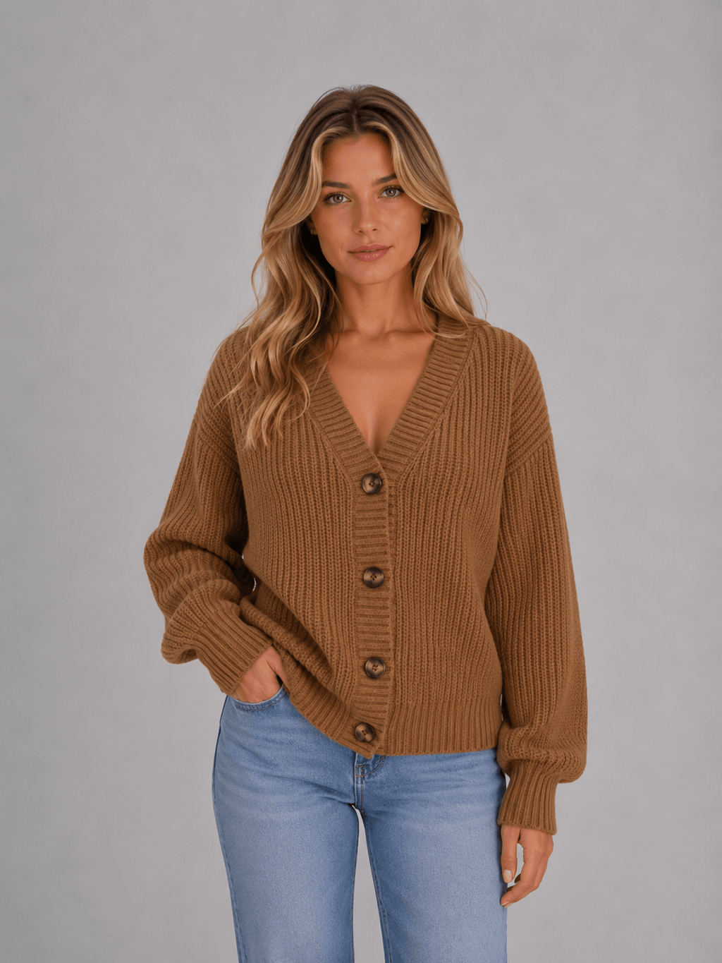 Women's Chunky Ribbed Knit V-Neck Cardigan with Oversized Buttons and Relaxed Sleeves