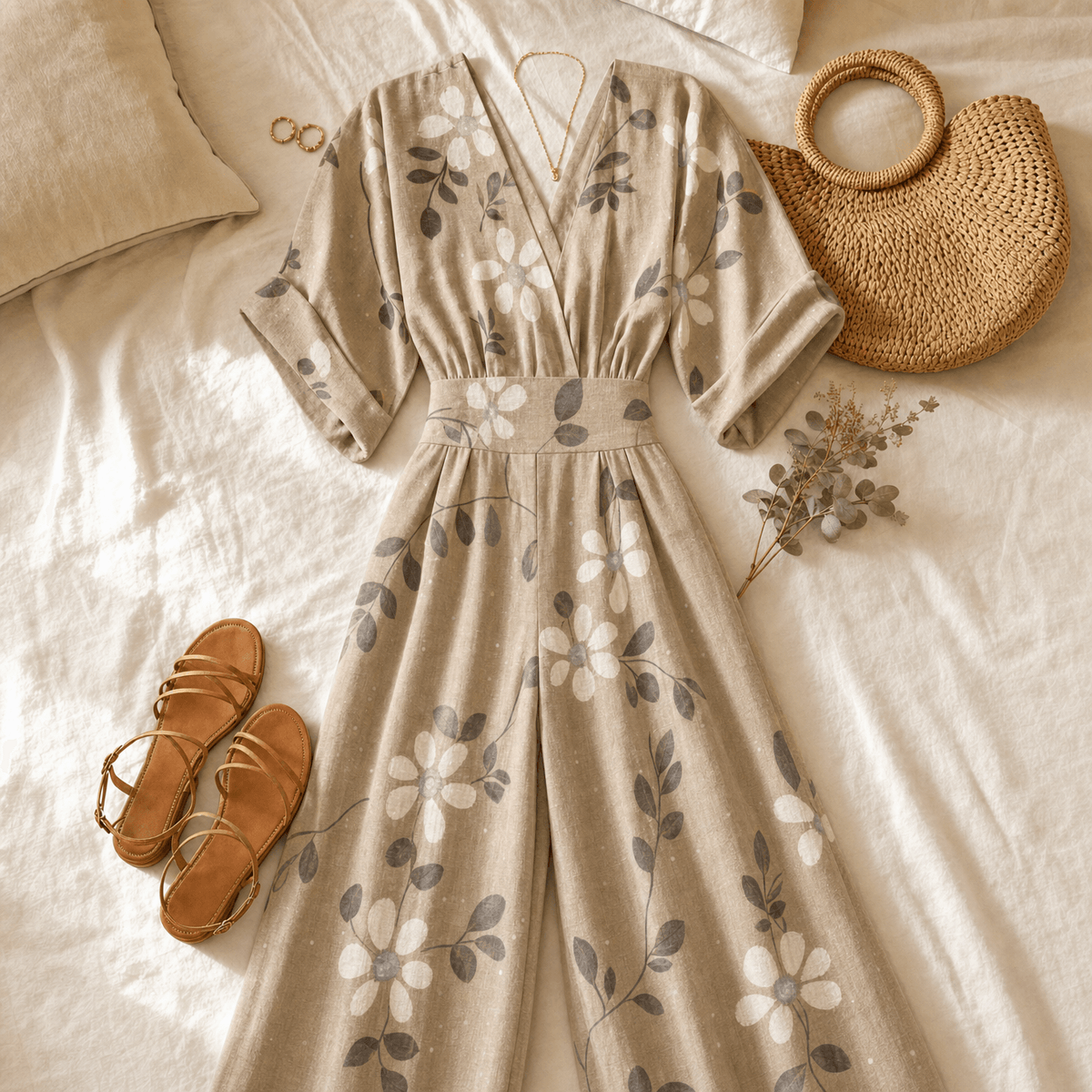 Floral Wide-Leg Jumpsuit with Cinched Waist in Place of a Two-Piece Set