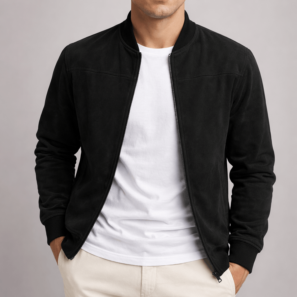 Men's Faux Suede Bomber Jacket with Textured Finish