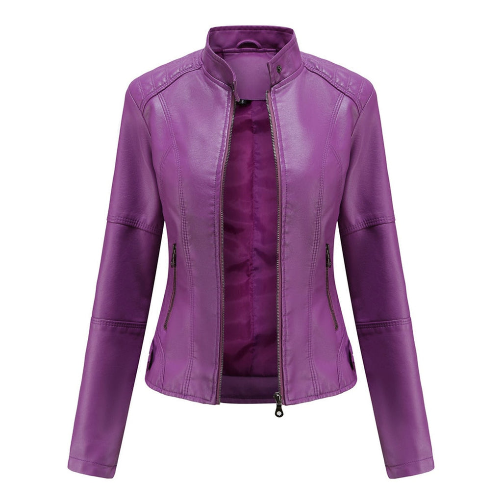 Fitted Faux Leather Moto Jacket with Zip Pockets for Women's Fall Layering
