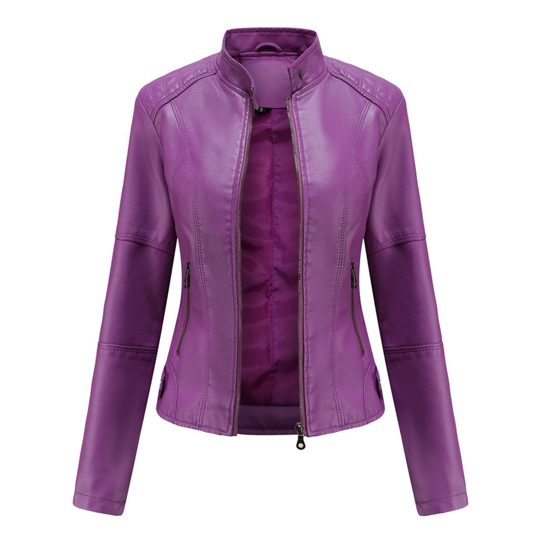 Fitted Faux Leather Moto Jacket with Zip Pockets for Women's Fall Layering