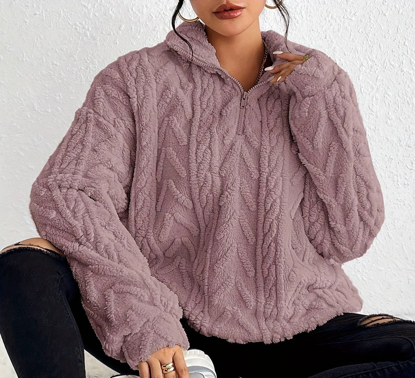 Aicha | Textured Half-Zip Oversized Sweater with Wrap Front