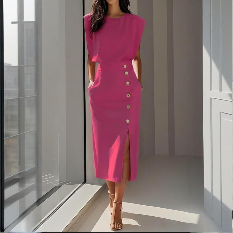 Structured Midi Dress with Side Button Detail - Fall Dresses for Women Wedding Guest Looks
