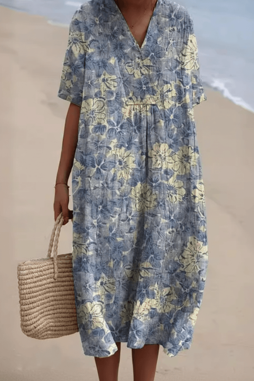 Floral Print V Neck Midi Dress for Beach Vacation and Fall Dresses for Women Occasions