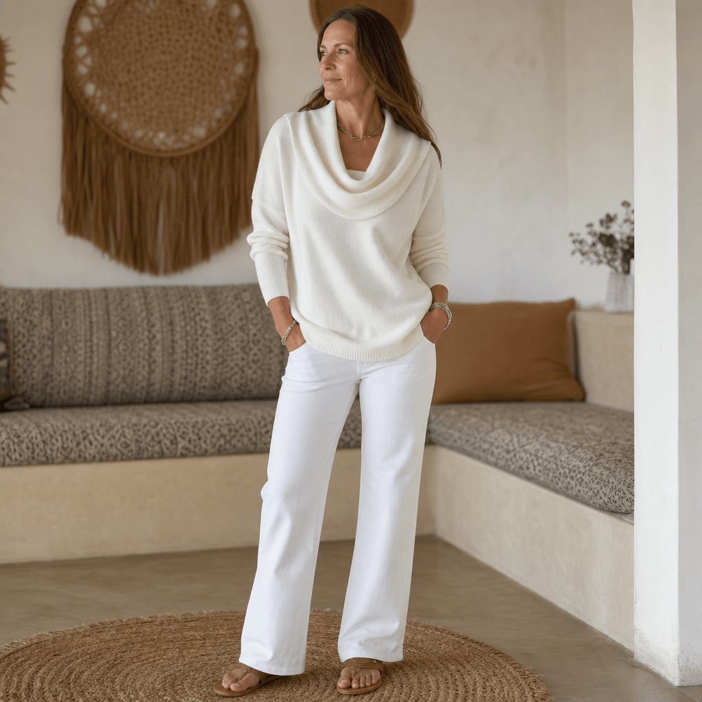 Women's Cowl Neck Drape Knitted Sweater with Long Sleeves