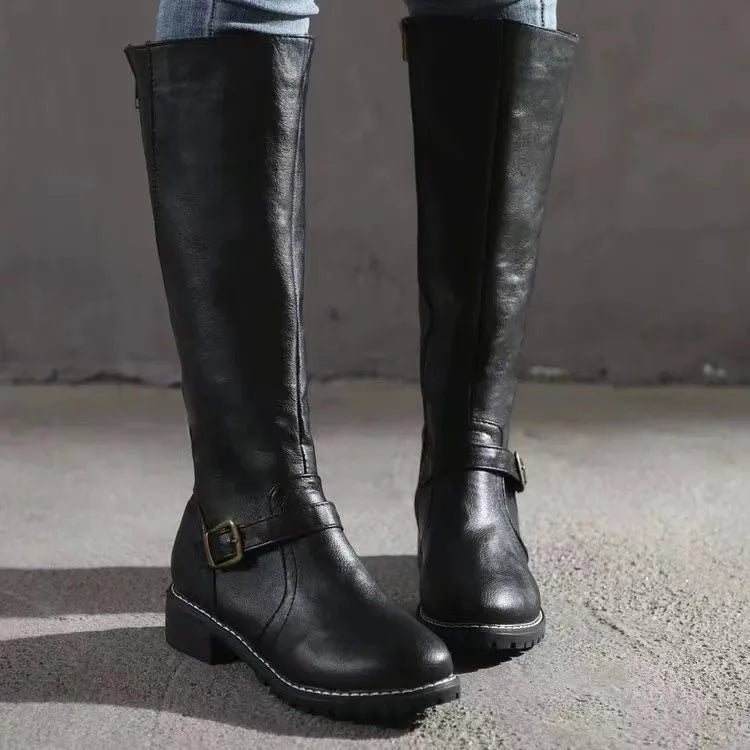 Knee High Riding Fall Boots with Side Zipper and Buckle Strap