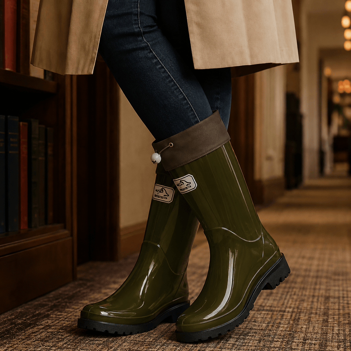 Knee-High Glossy Rubber Rain Boots with Drawstring Cuff