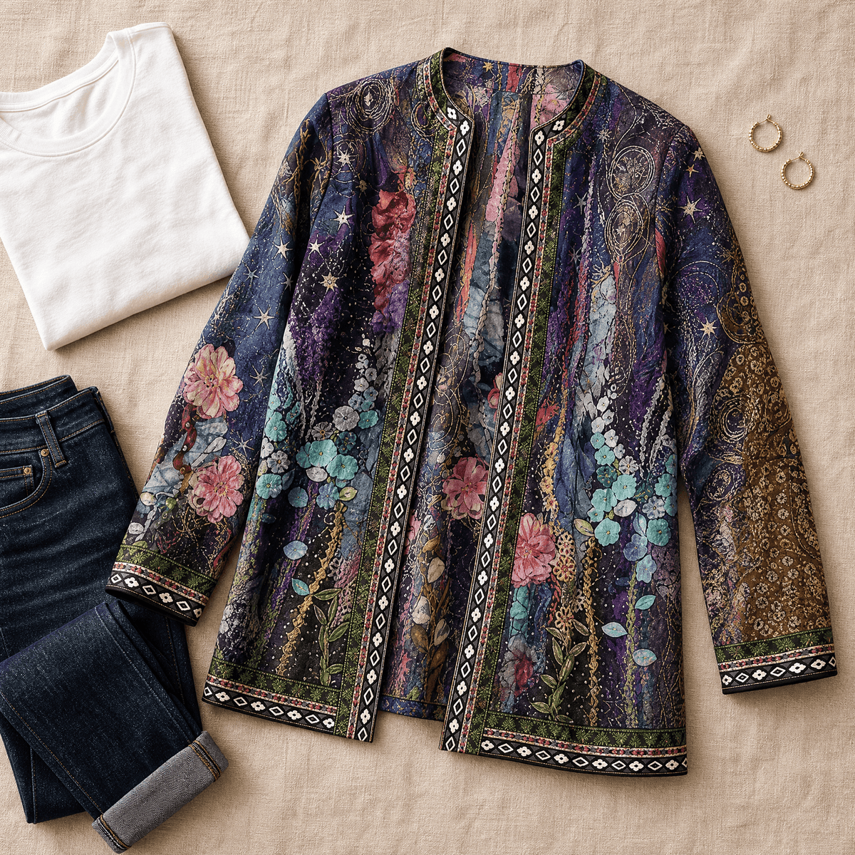 Patterned Open-Front Jacket with Embellished Trim for Women
