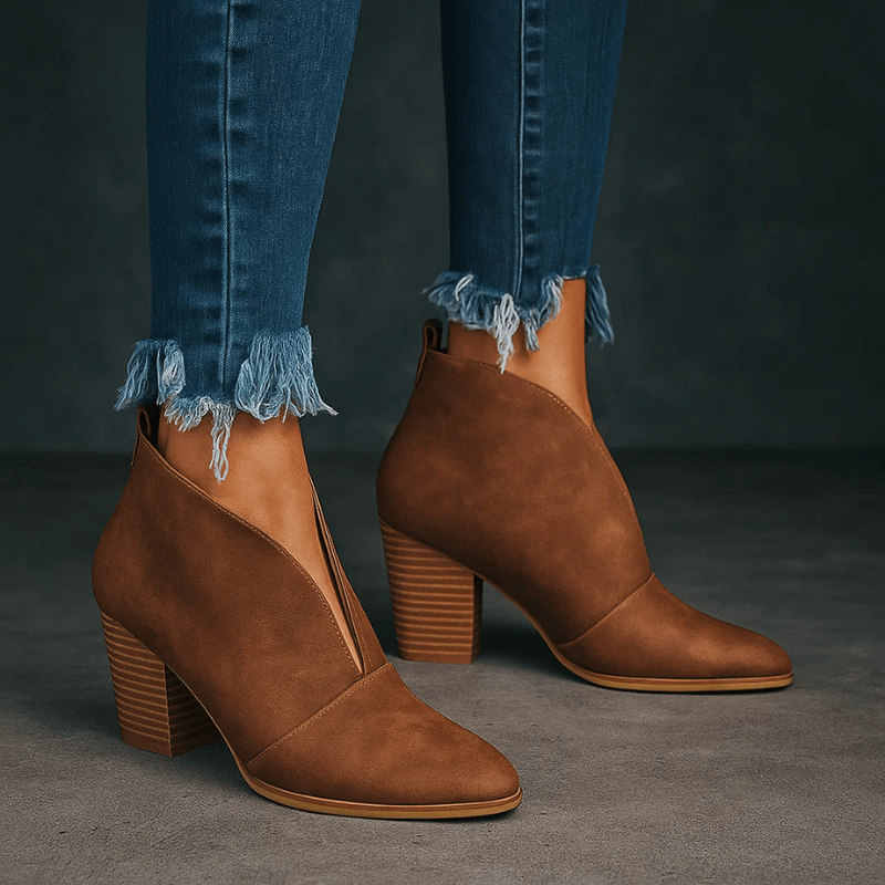 Women's Slip-On V-Cut Ankle Boots with Block Heel and Pointed Toe