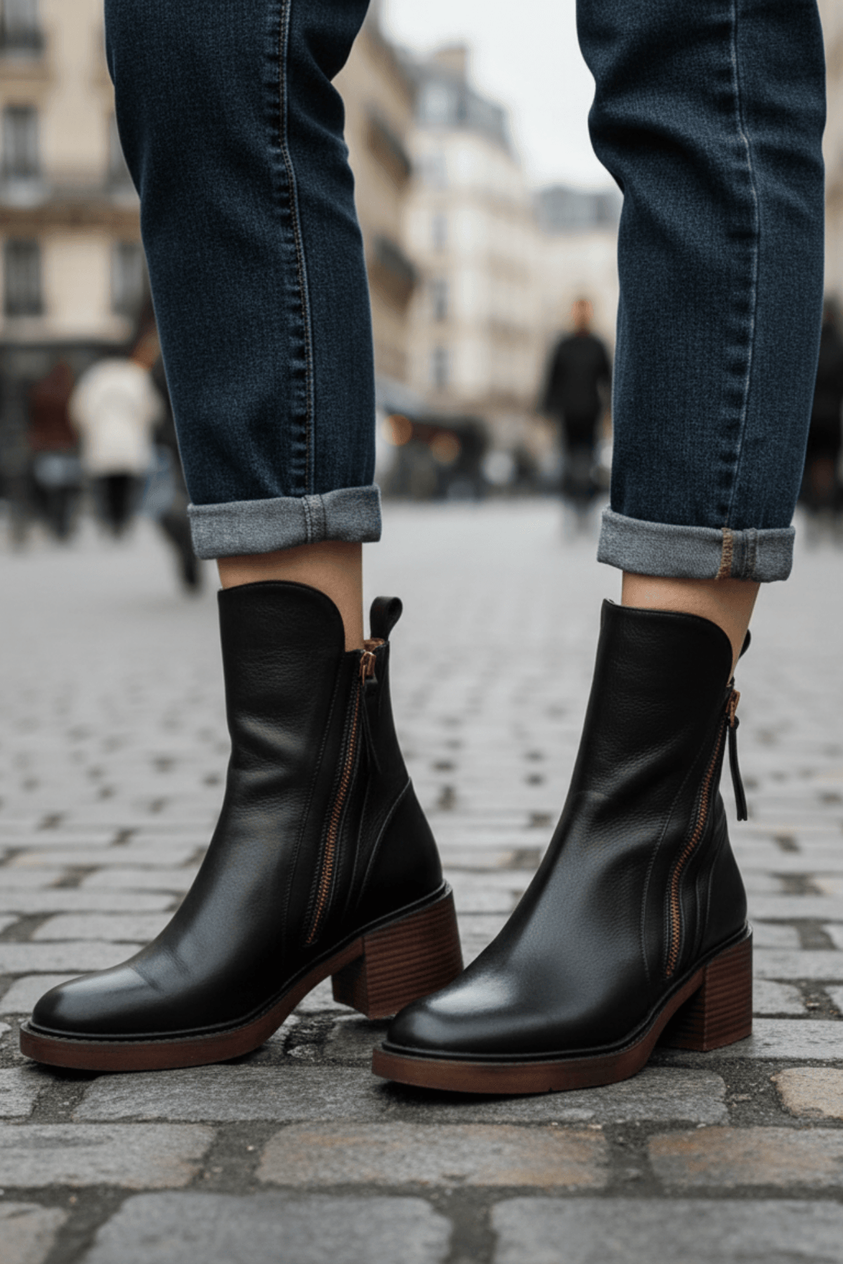 Women's Round-Toe Vegan Leather Ankle Boots with Block Heel and Side Zip