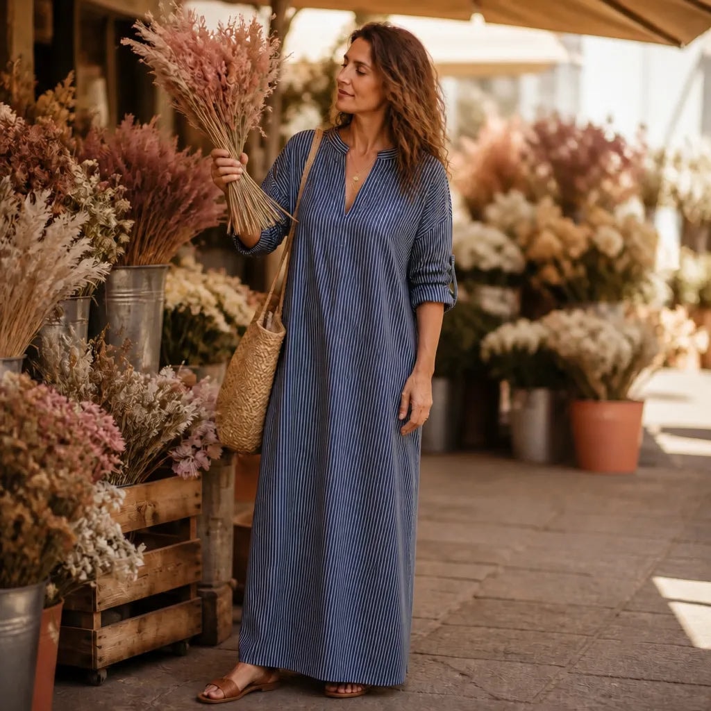 Striped V-Neck Maxi Dress with Long Sleeves and Pockets for Women