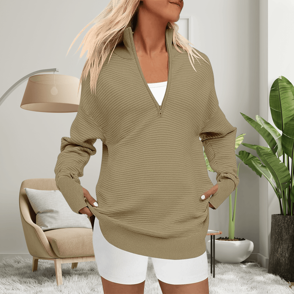 Nina Zip Neck Oversized Sweater with Ribbed Trim for Women