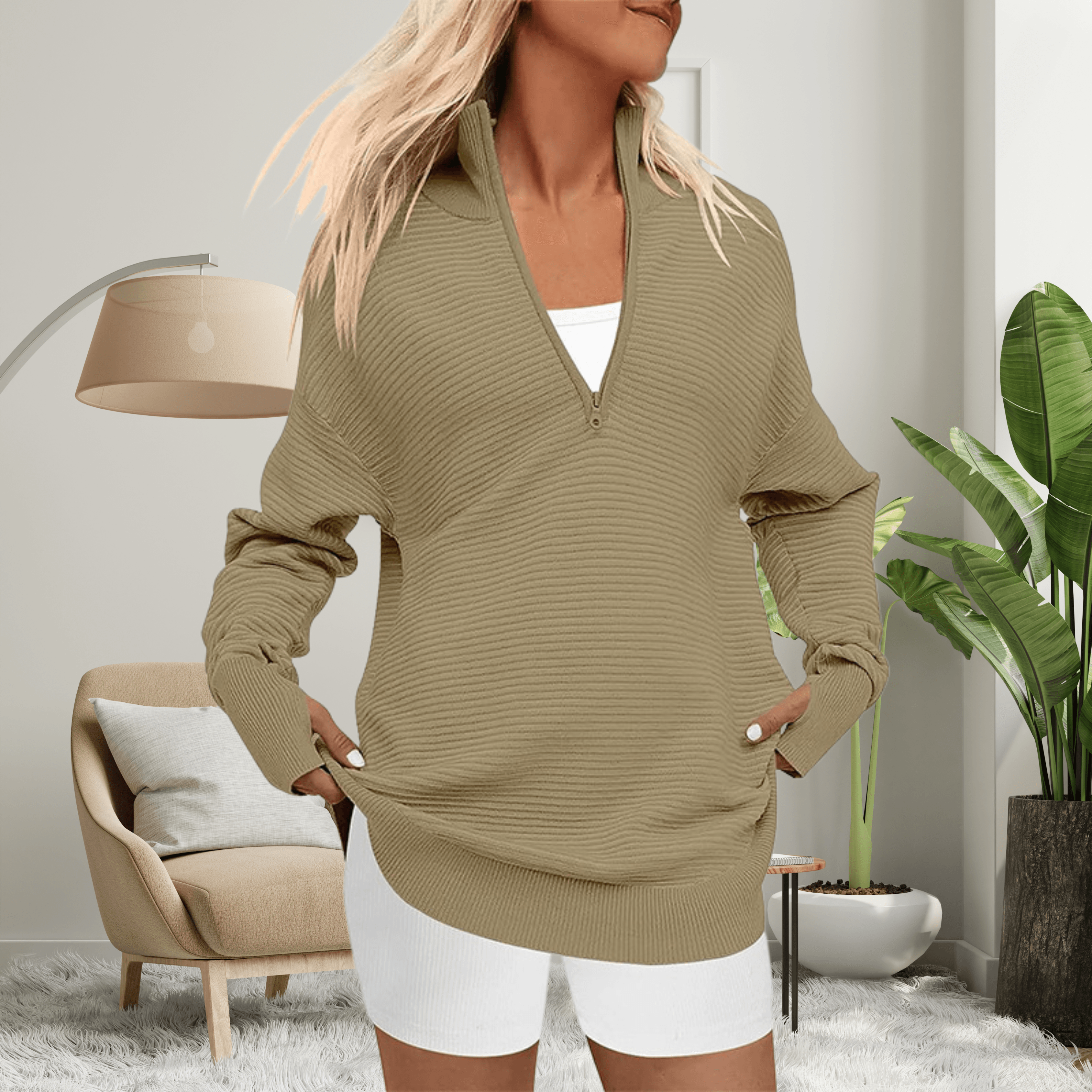 Nina Zip Neck Oversized Sweater with Ribbed Trim for Women