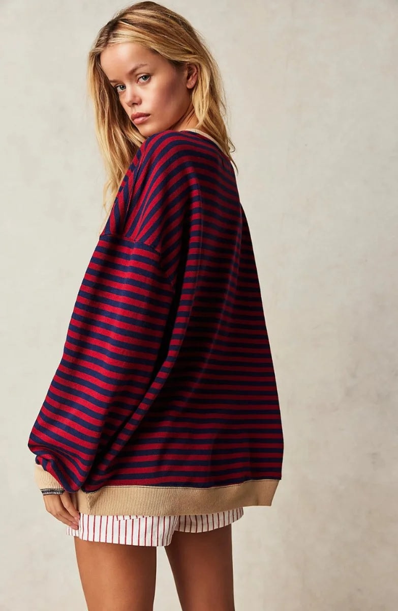 Women's Oversized Striped Long-Sleeve Sweater with Contrast Trim and Crew Neck