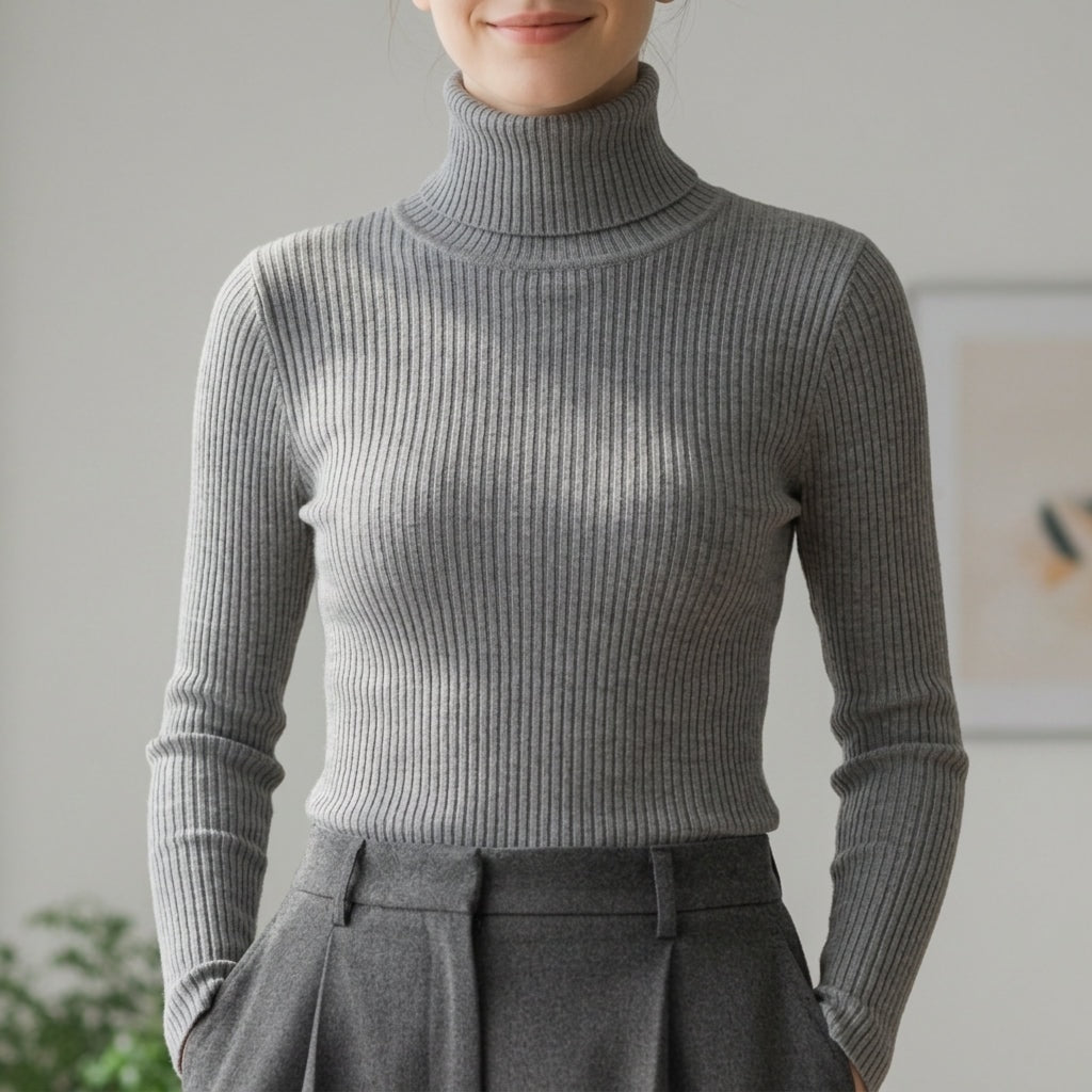 Women's Ribbed Knit Turtleneck Sweater with Long Sleeves and Slim Fit