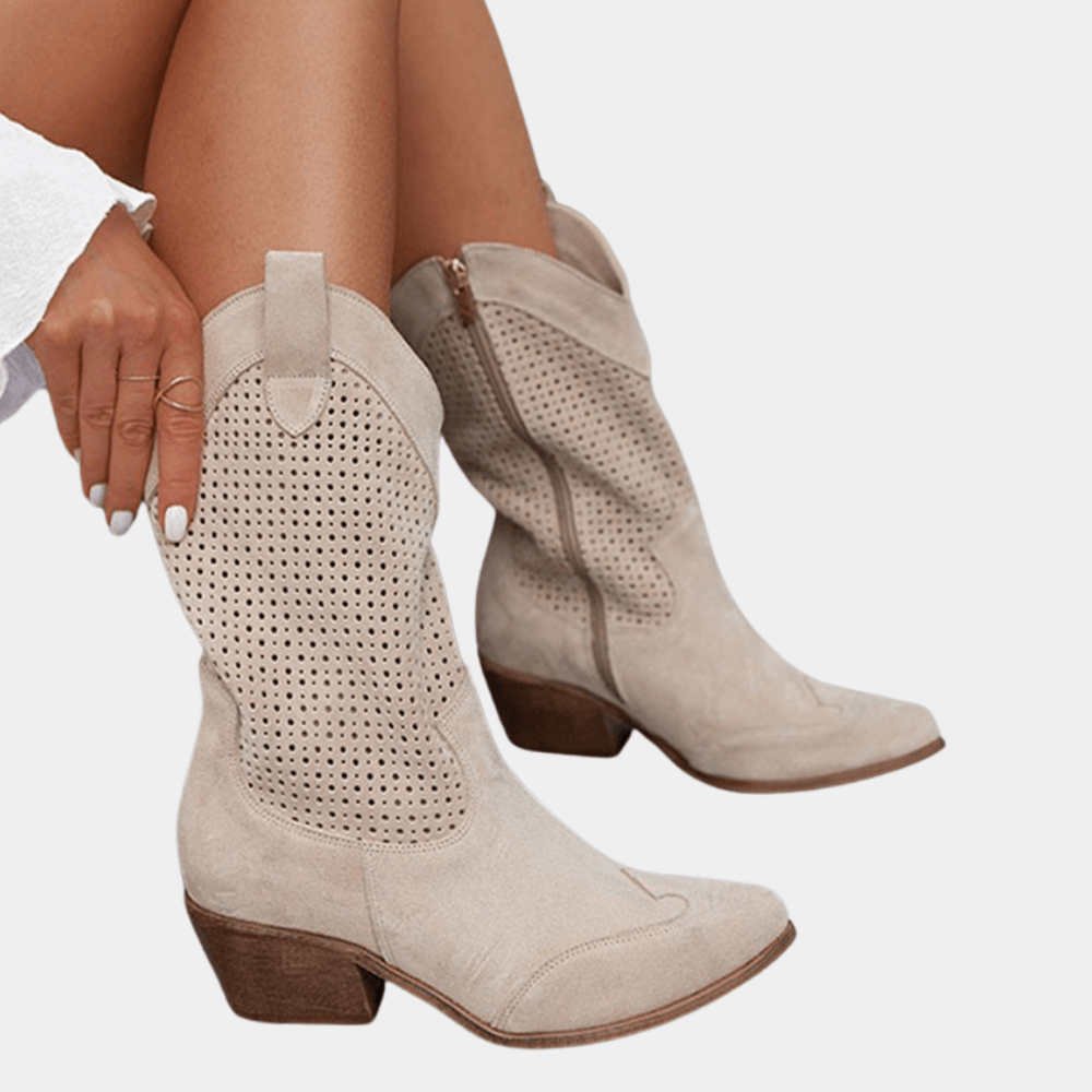 Perforated Faux Suede Western Womens Boots with Side Zipper Ankle Design