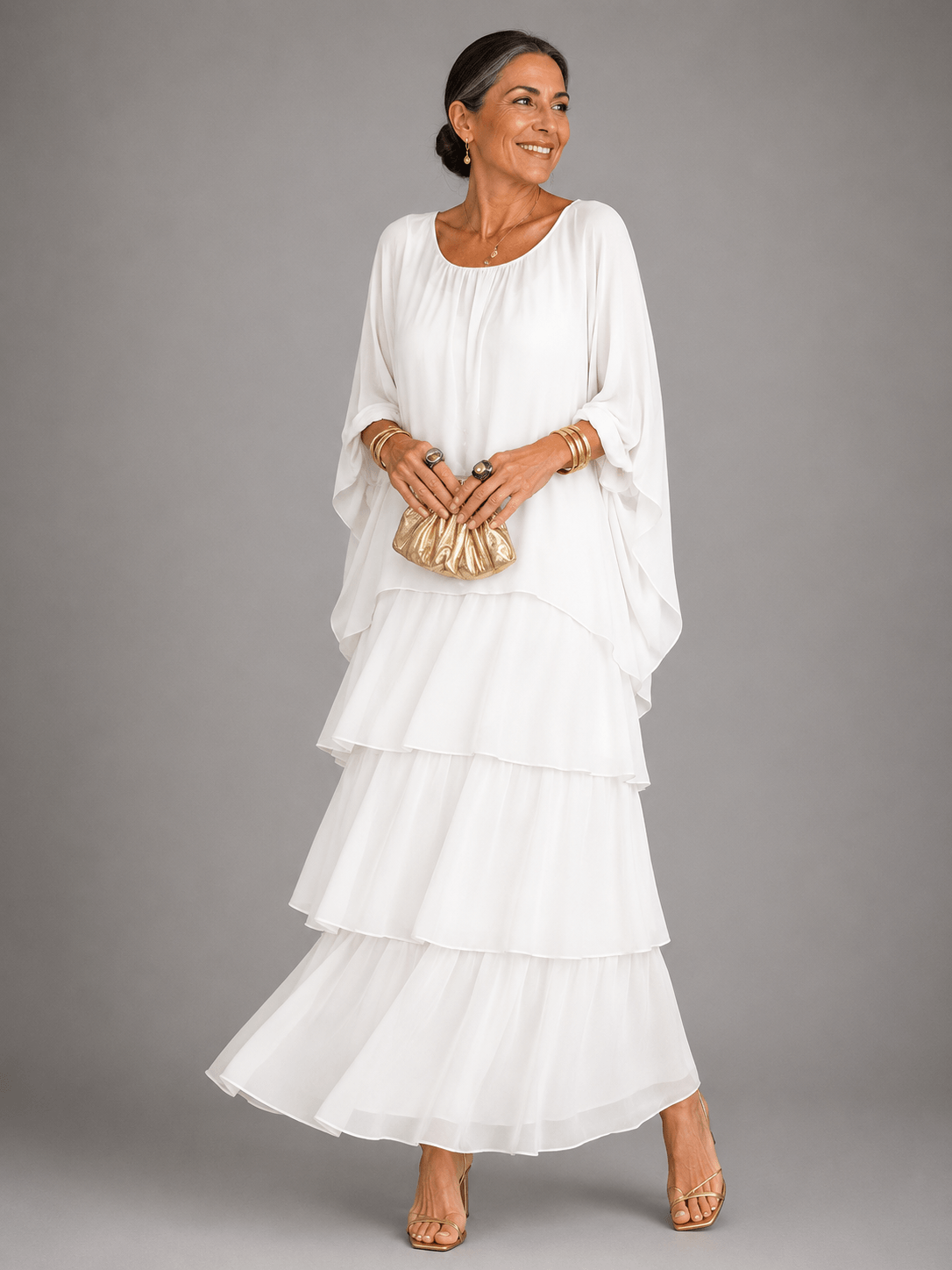 Tiered Ruffle Women's Midi-to-Maxi Dress with Flowing Capelet Sleeves