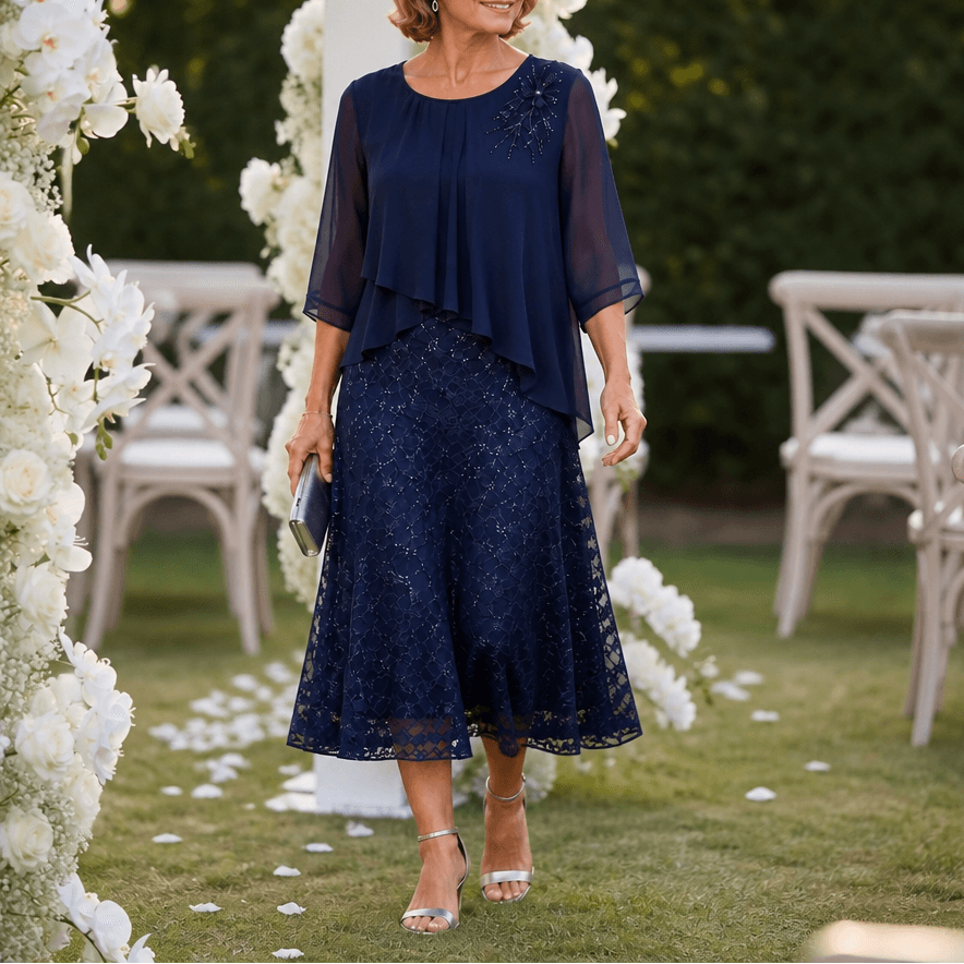 Elavine Floral Lace Overlay Chiffon Women's Midi Dress with Sheer Sleeves