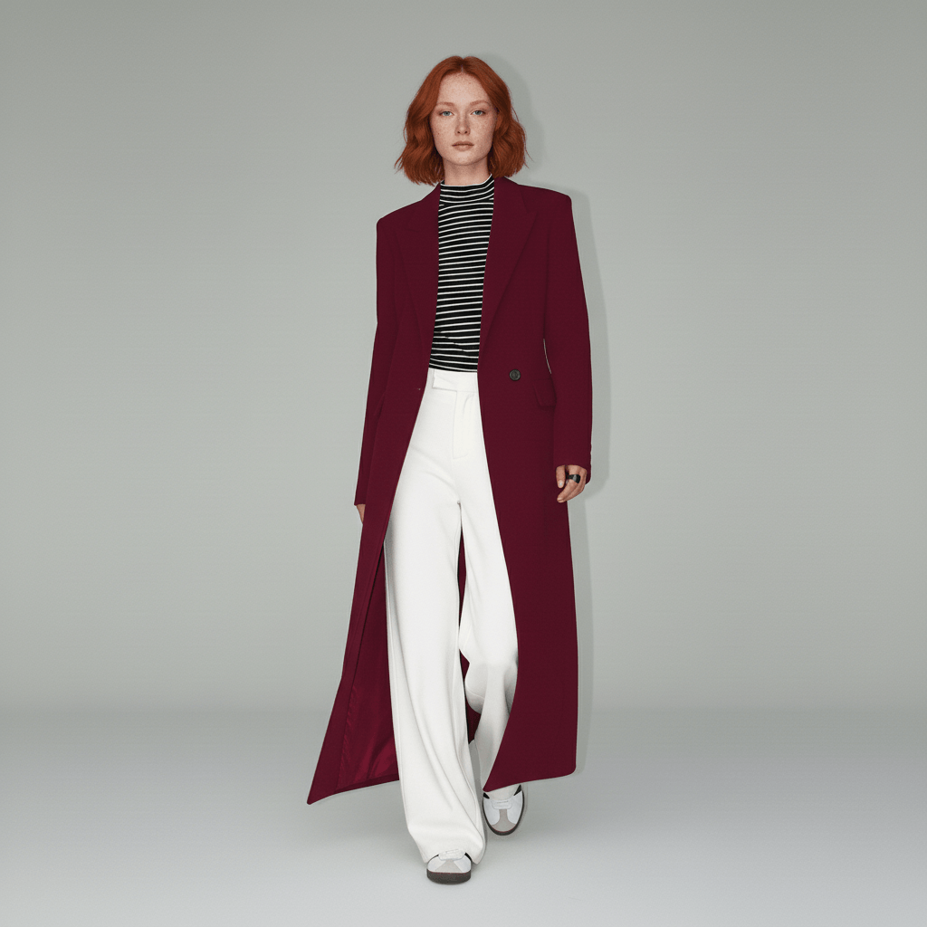 Women's Long Slim-Fit Tailored Maxi Coat with Peak Lapels and Full Lining
