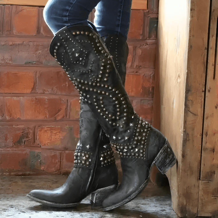 Riloh Studded Pointed-Toe Knee-High Western Womens Boots