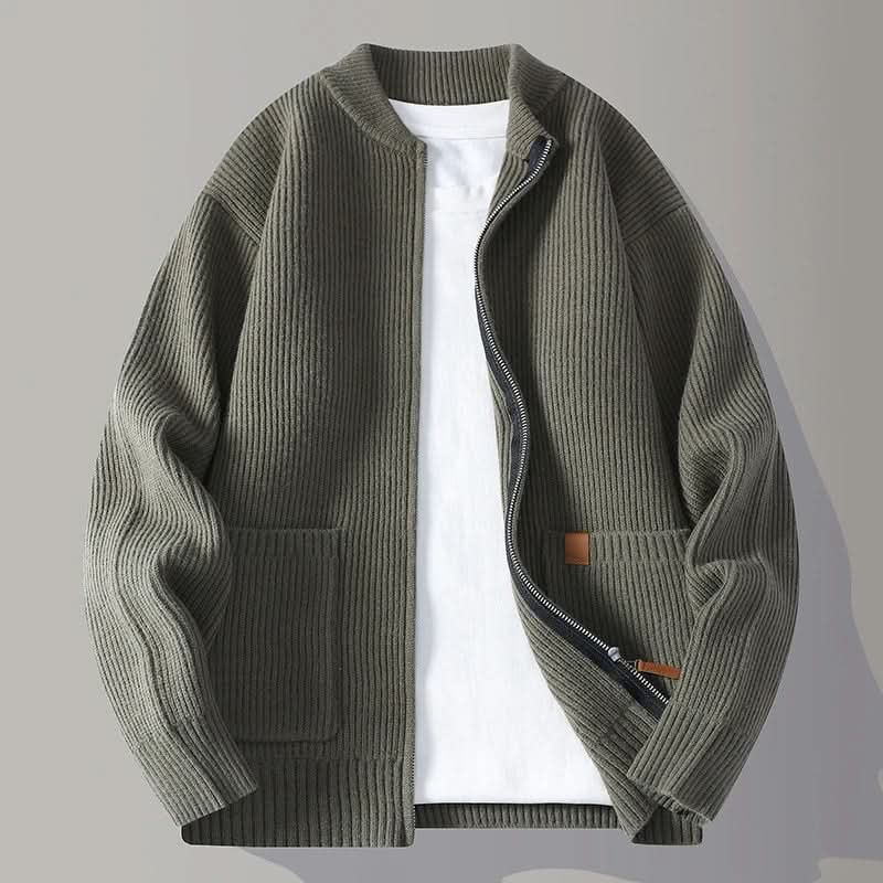 Men's Ribbed Knit Zip-Up Cardigan with Stand Collar and Patch Pockets