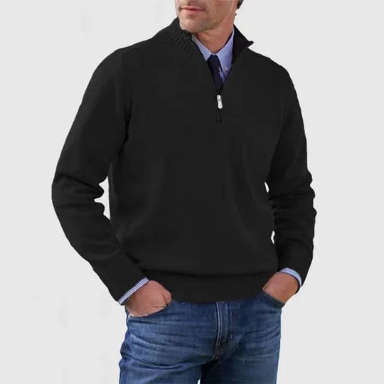 Men's Half-Zip Mock Neck Knitted Sweater with Ribbed Trim
