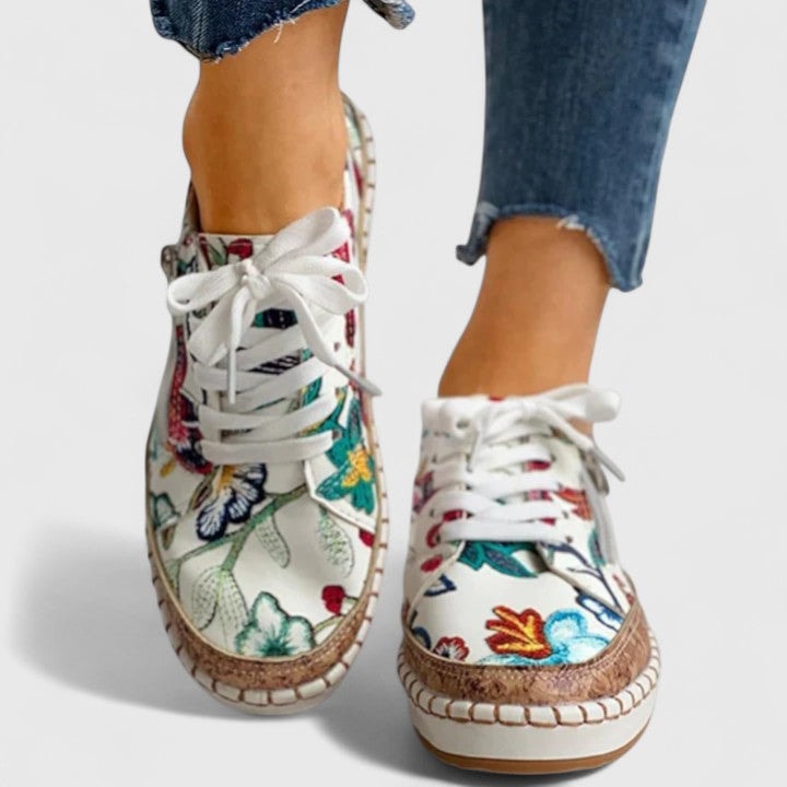Floral Embroidered Platform Sneakers with Cork Sole for Women
