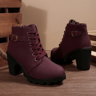 Lace-Up Ankle Black Boots with Side Zipper and Block Heel