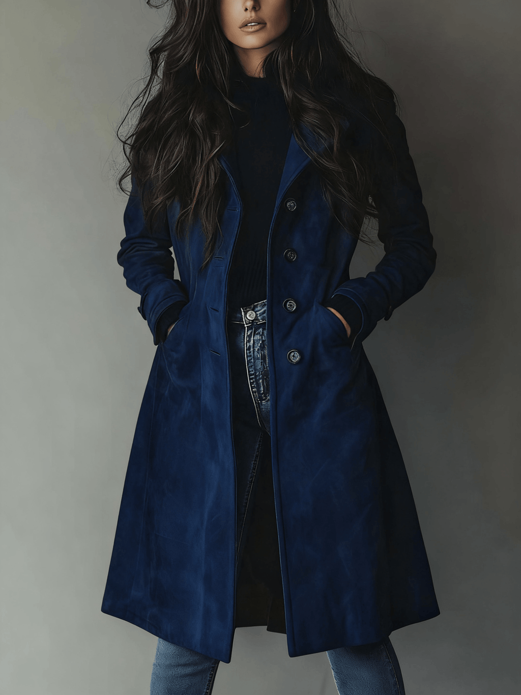 Longline Faux Suede Button-Front Trench Coat with Lapel Collar