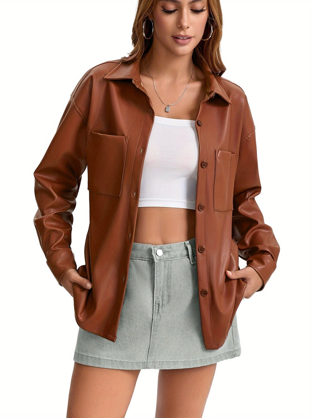 Oversized Faux Leather Shacket with Button Front Collared Fall Jacket