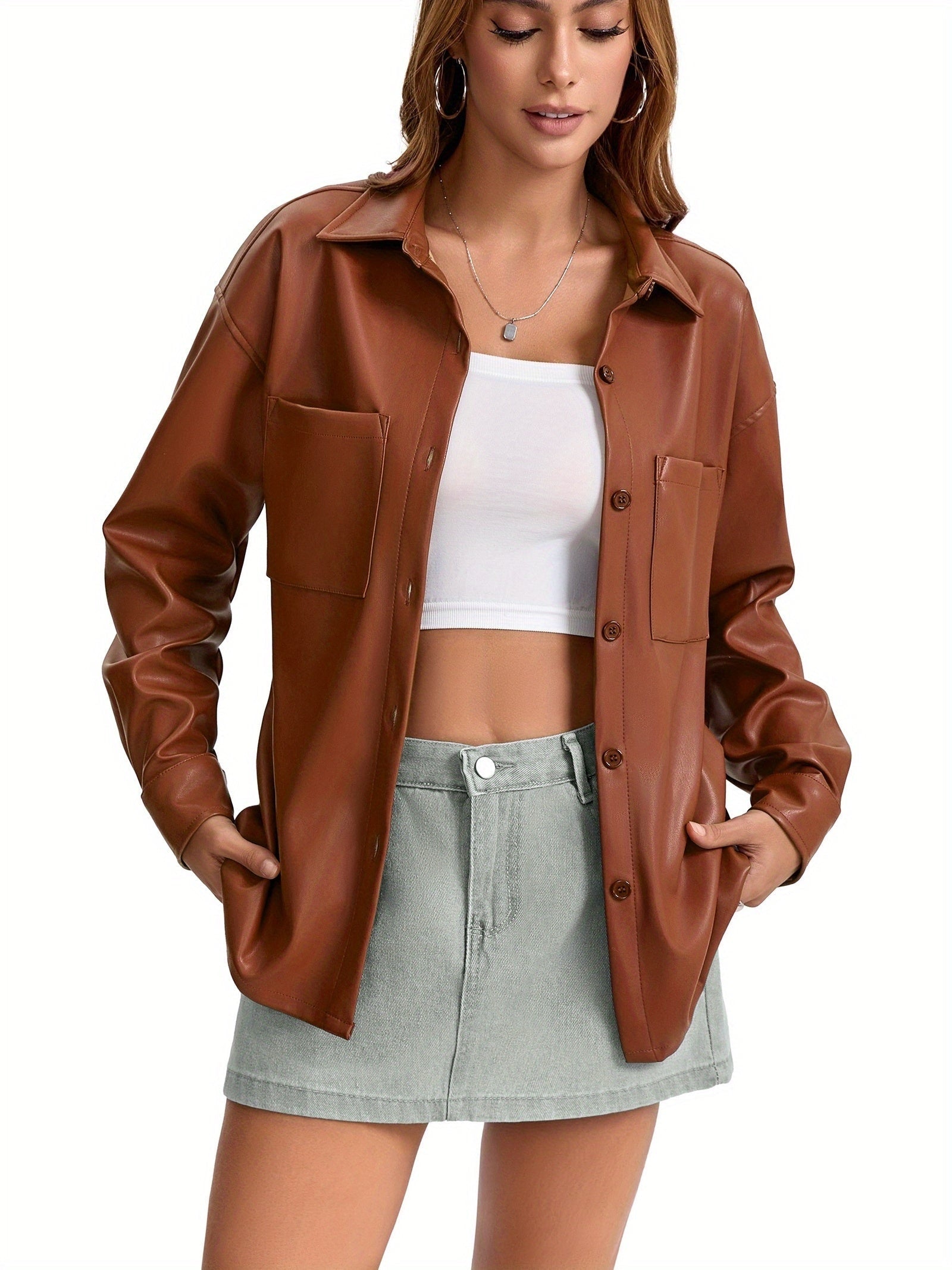 Oversized Faux Leather Shacket with Button Front Collared Fall Jacket