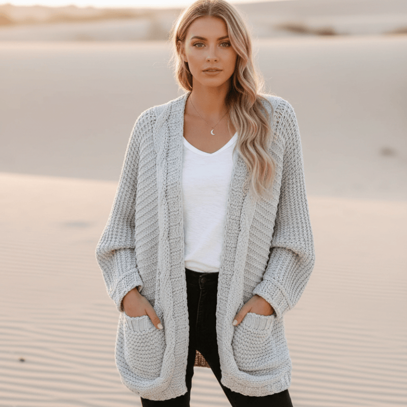 Women's Oversized Open-Front Knitted Sweater Cardigan with Pockets