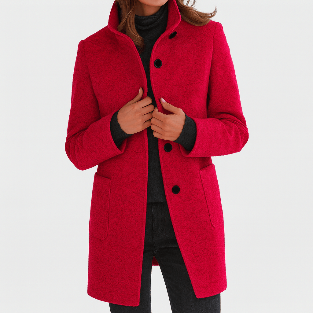 Mid-Length Pea Coat with Stand Collar and Patch Pockets