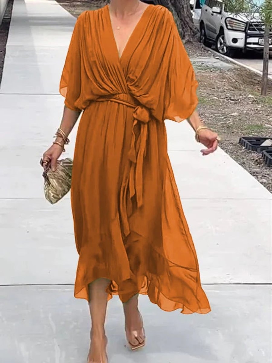 Women's Belted Chiffon Wrap Dress with V-Neck and Flowy Midi Length
