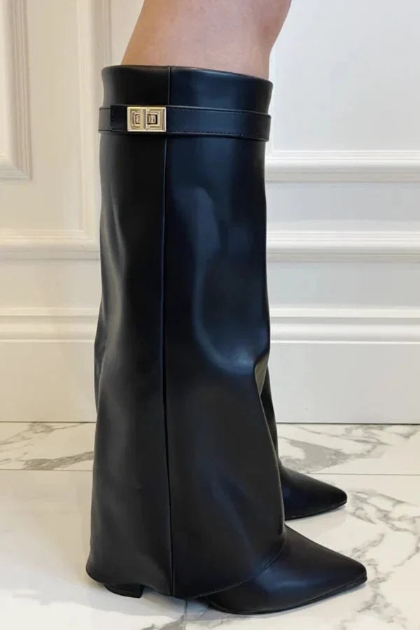 Women's Pointed-Toe Fold-Over Knee-High Boots with Block Heel and Turn-Lock Detail