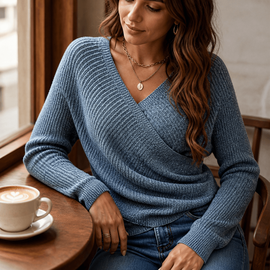 Women's Crossover Wrap V-Neck Knitted Sweater with Cinched Waist Detail