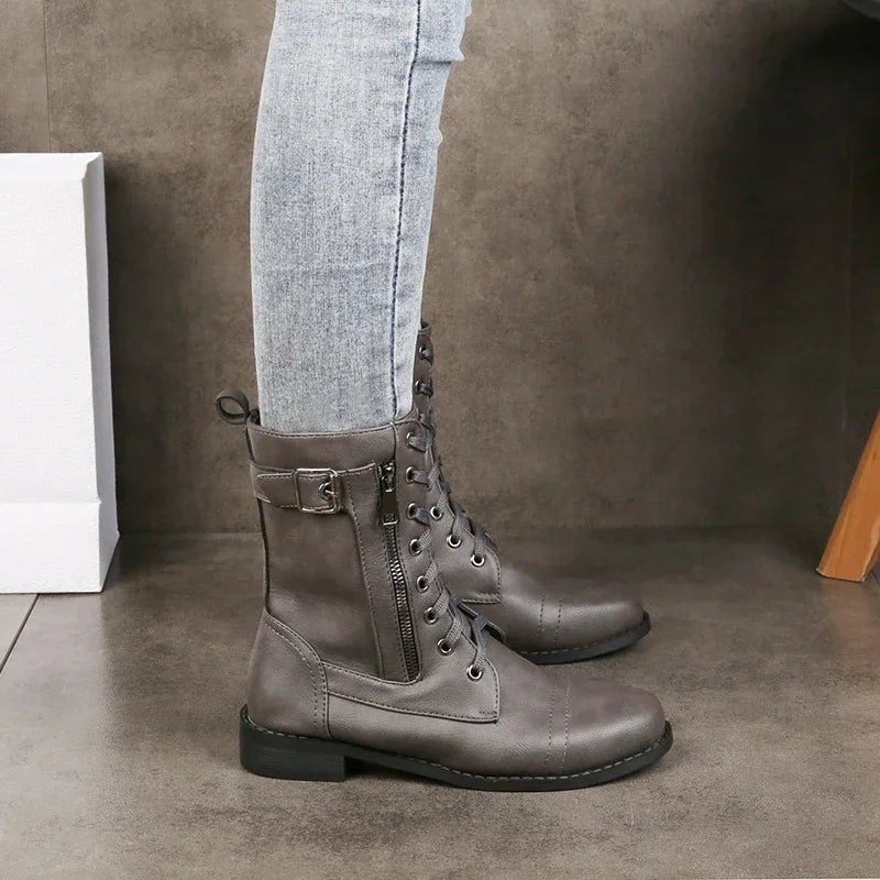Lace-Up Ankle Fall Boots with Side Zipper and Buckle Strap