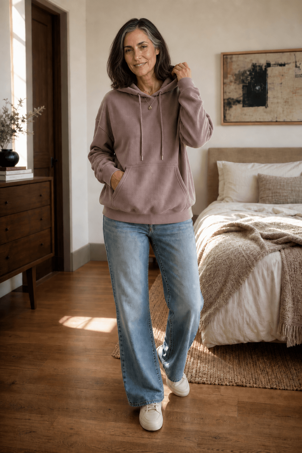 Women's Ribbed Corduroy-Look Pullover Hoodie with Front Pocket