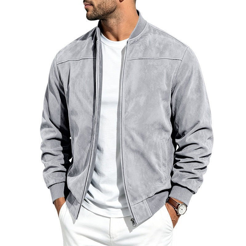 Men's Zip-Up Bomber Jacket in Suede with Stand Collar and Ribbed Hem