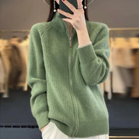 Women's Ribbed Wool Zip-Front Knitted Sweater with Relaxed Fit