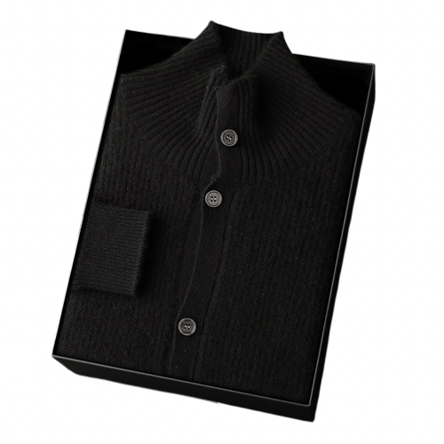 Men's Ribbed Stand-Collar Cardigan in Dense Knit with Button Front and Side Pockets