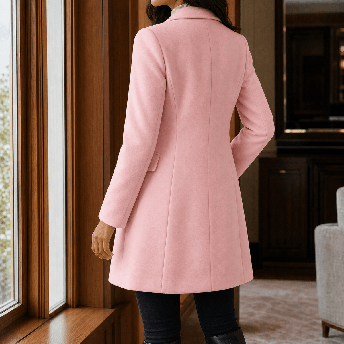 Women's Wool-Blend Tailored Winter Coat with Notched Lapel