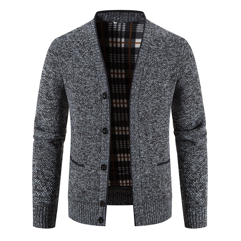 Men's Knit Button-Up Cardigan with V-Neck Collar and Plaid Fleece Lining