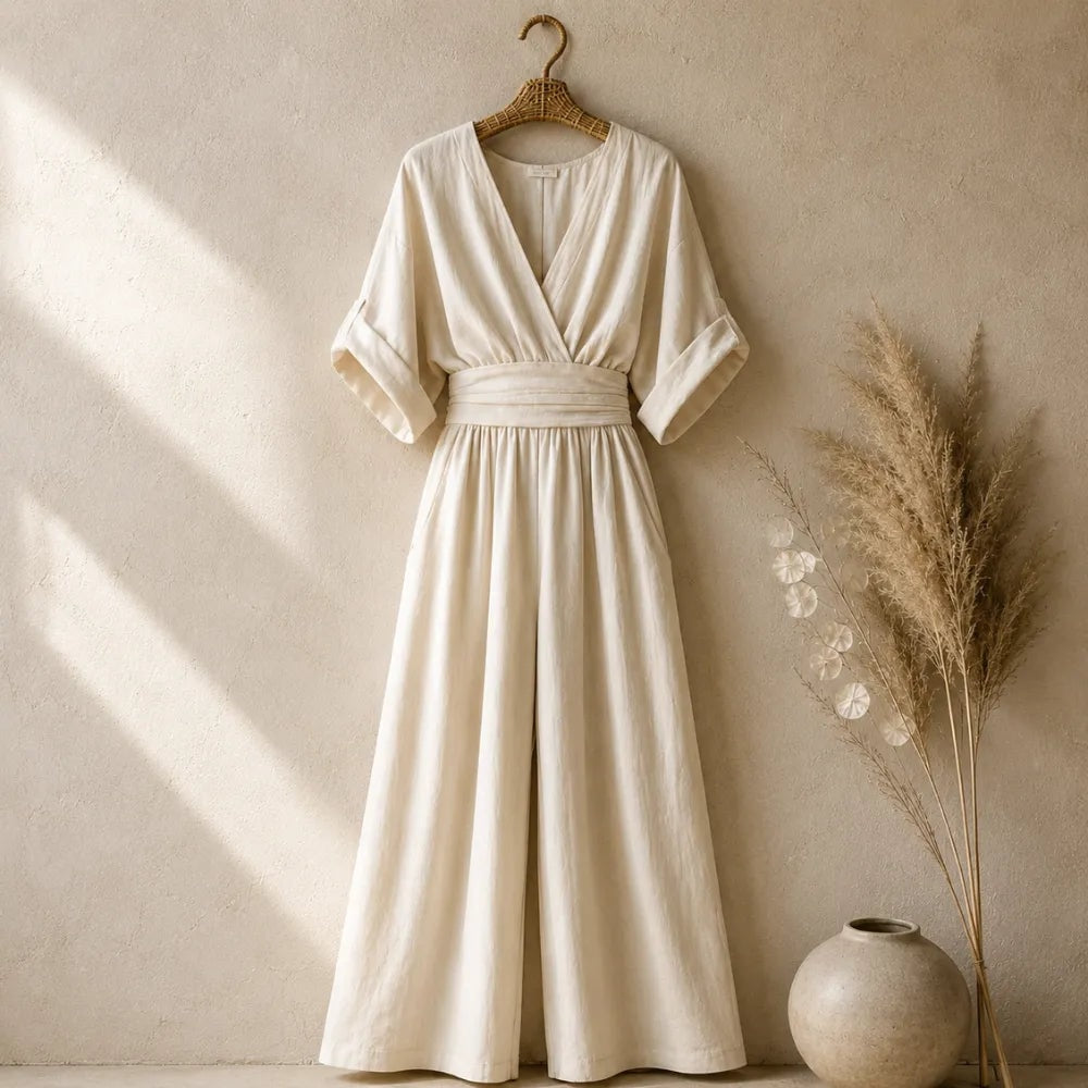 Wide-Leg Jumpsuit with V Neck and Pleated Waist Sash