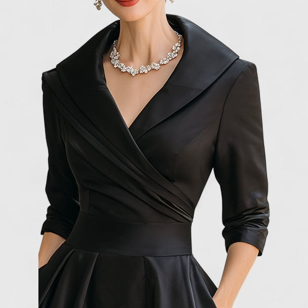 Women's V-Neck Wrap Midi Dress with Shawl Collar and Three-Quarter Sleeves