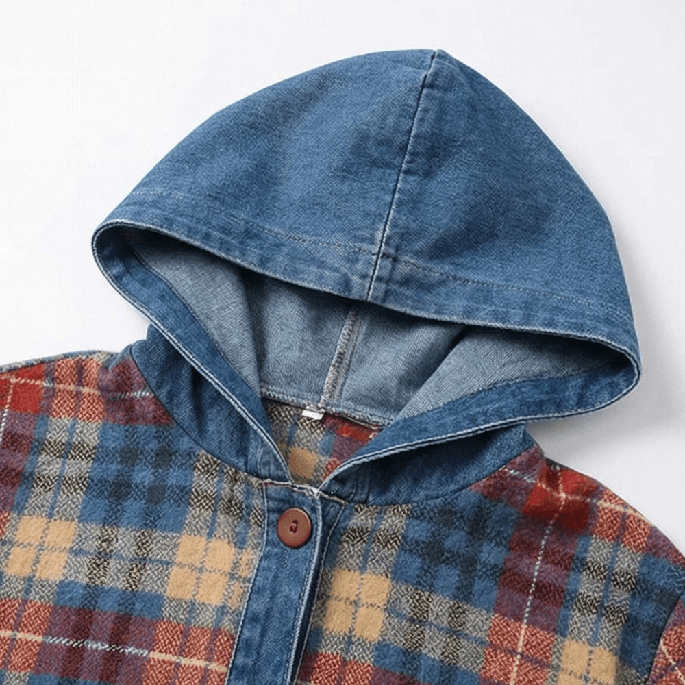 Weslyn Plaid Hooded Shacket with Denim Trim for Women