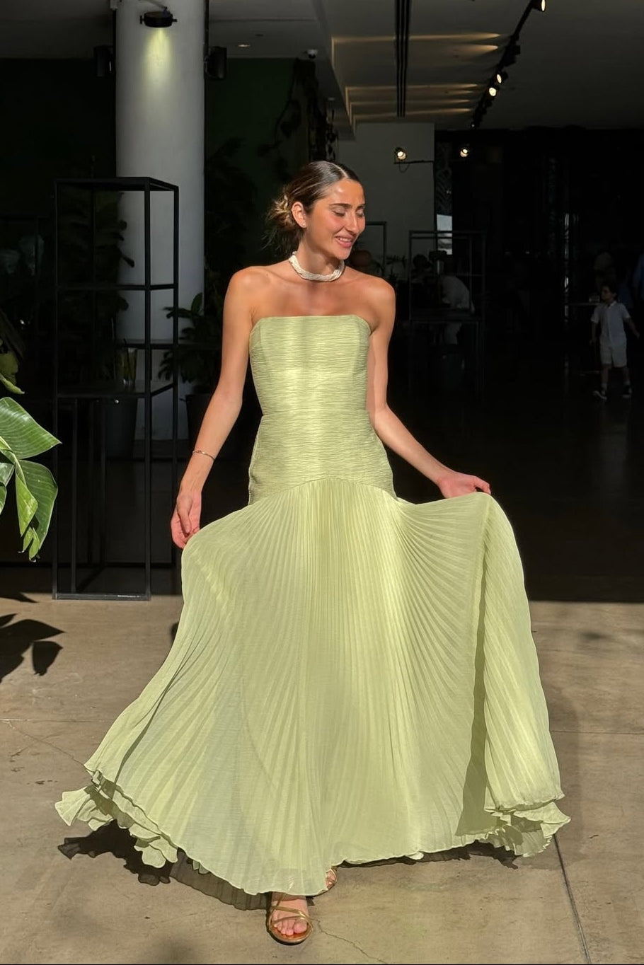 Strapless Pleated Maxi Dress for Fall Wedding Guest Occasions