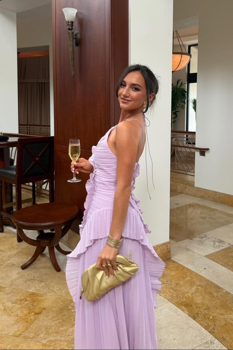 Pleated Ruffle Halter Maxi Dress for Fall Wedding Guests